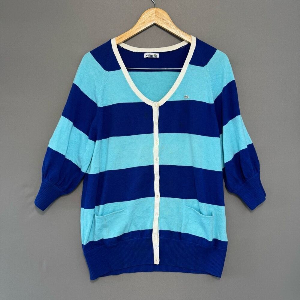Lacoste Women’s Blue Striped Sweater Size 44 XL 1/4 Button Up